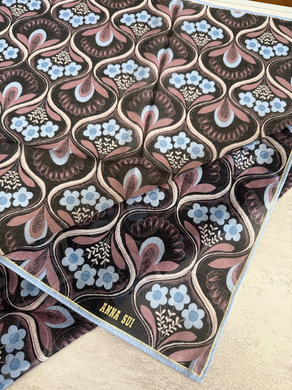 Anna Sui Black Floral Paisley cotton Scarf with Pink & Light Blue Motifs